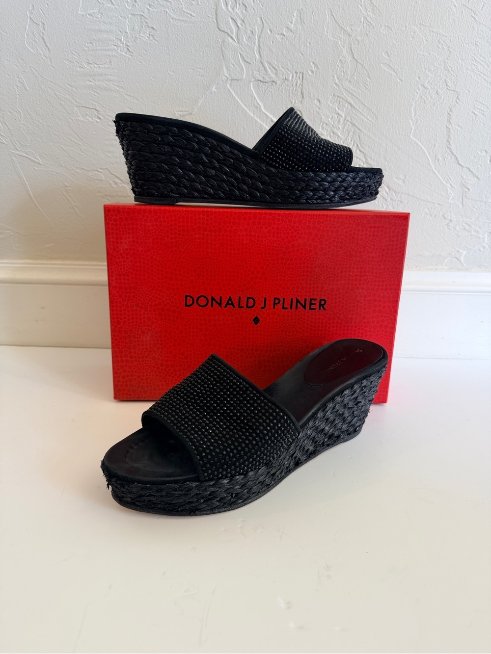 Donald Pliner Frida Black Woven Raffia Wedge Slide with Rhinestone detail. 9M